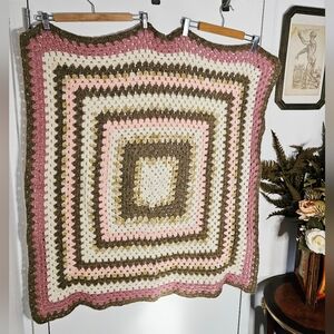 Small Crochet Granny Square Throw Blanket Cream Dusty Rose Pink Brown
